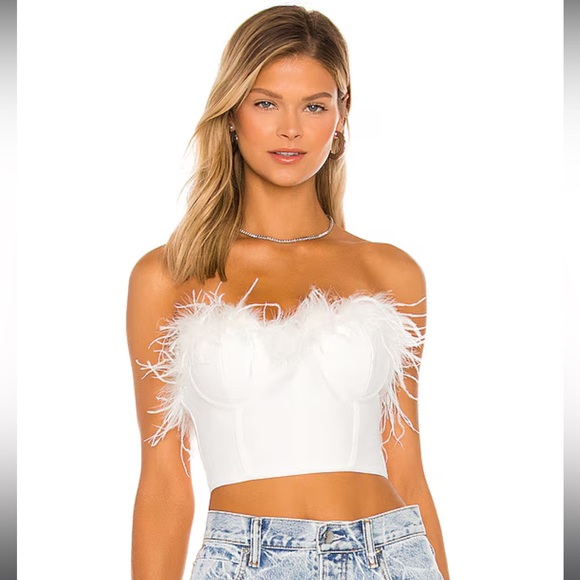 superdown Tops - NWT Superdown Ramona White Feather Trim Bustier Crop Top Size Small Bridal